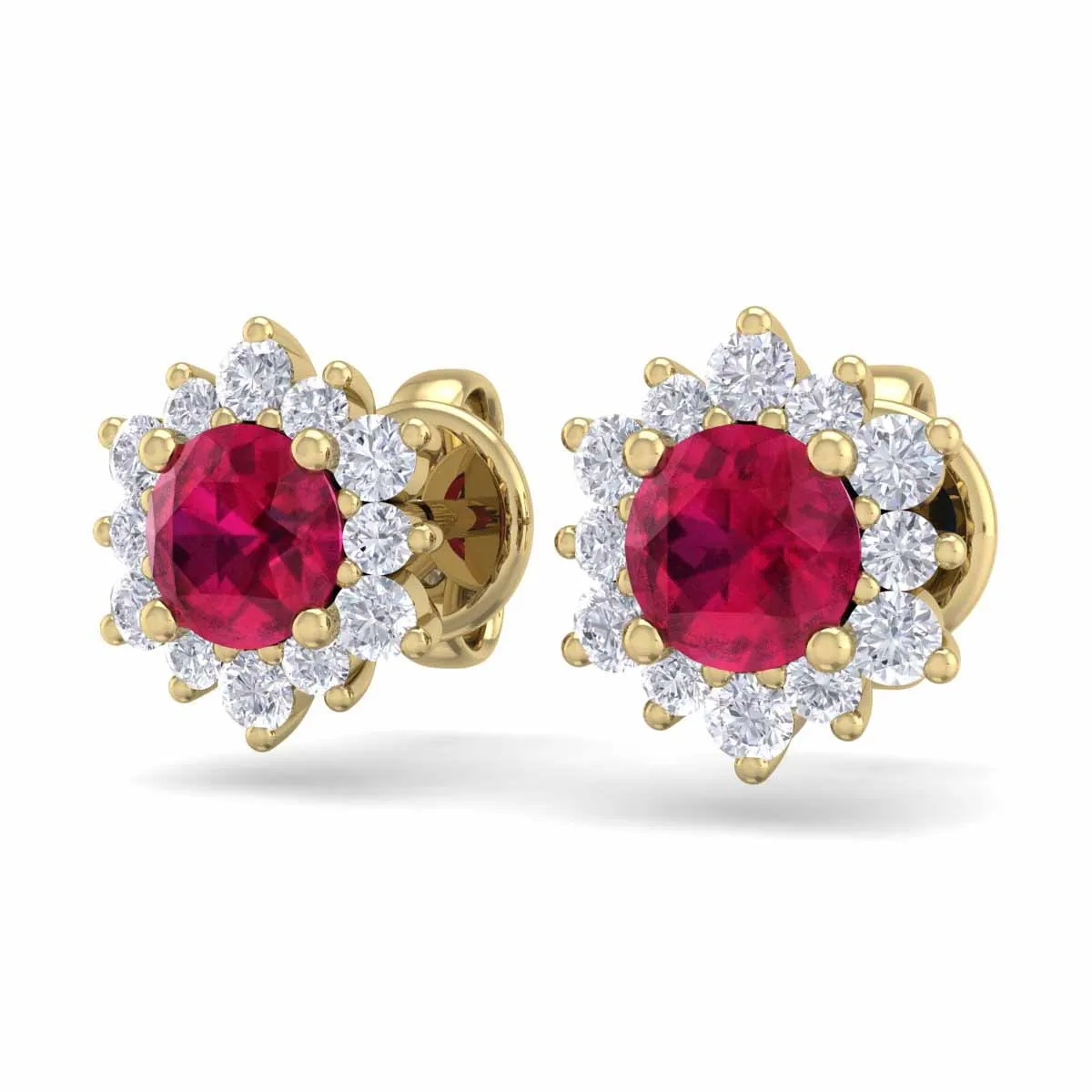 1 Carat Round Shape Flower Ruby And Diamond Halo Stud Earrings In 14 Karat Yellow Gold