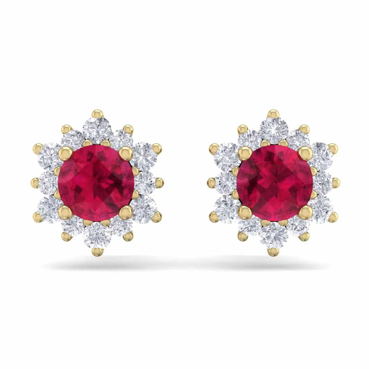 1 Carat Round Shape Flower Ruby And Diamond Halo Stud Earrings In 14 Karat Yellow Gold