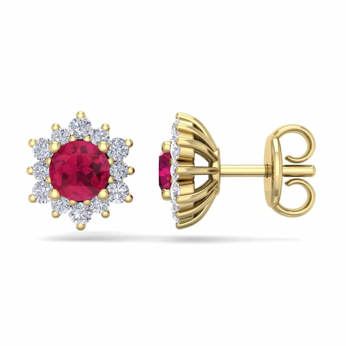 1 Carat Round Shape Flower Ruby And Diamond Halo Stud Earrings In 14 Karat Yellow Gold