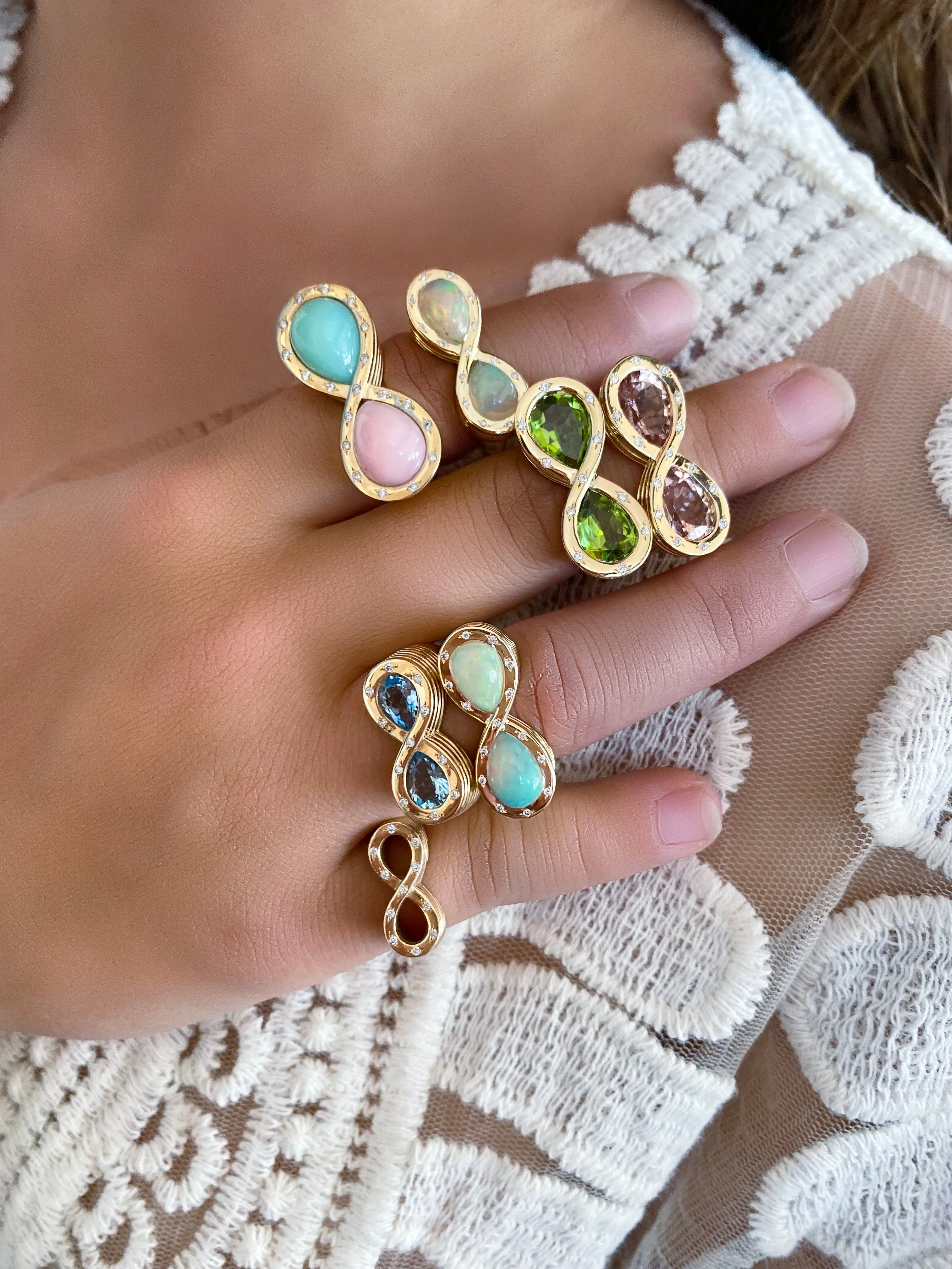 14K YG Pink Opal and Chrysoprase Diamond Infinity Ring