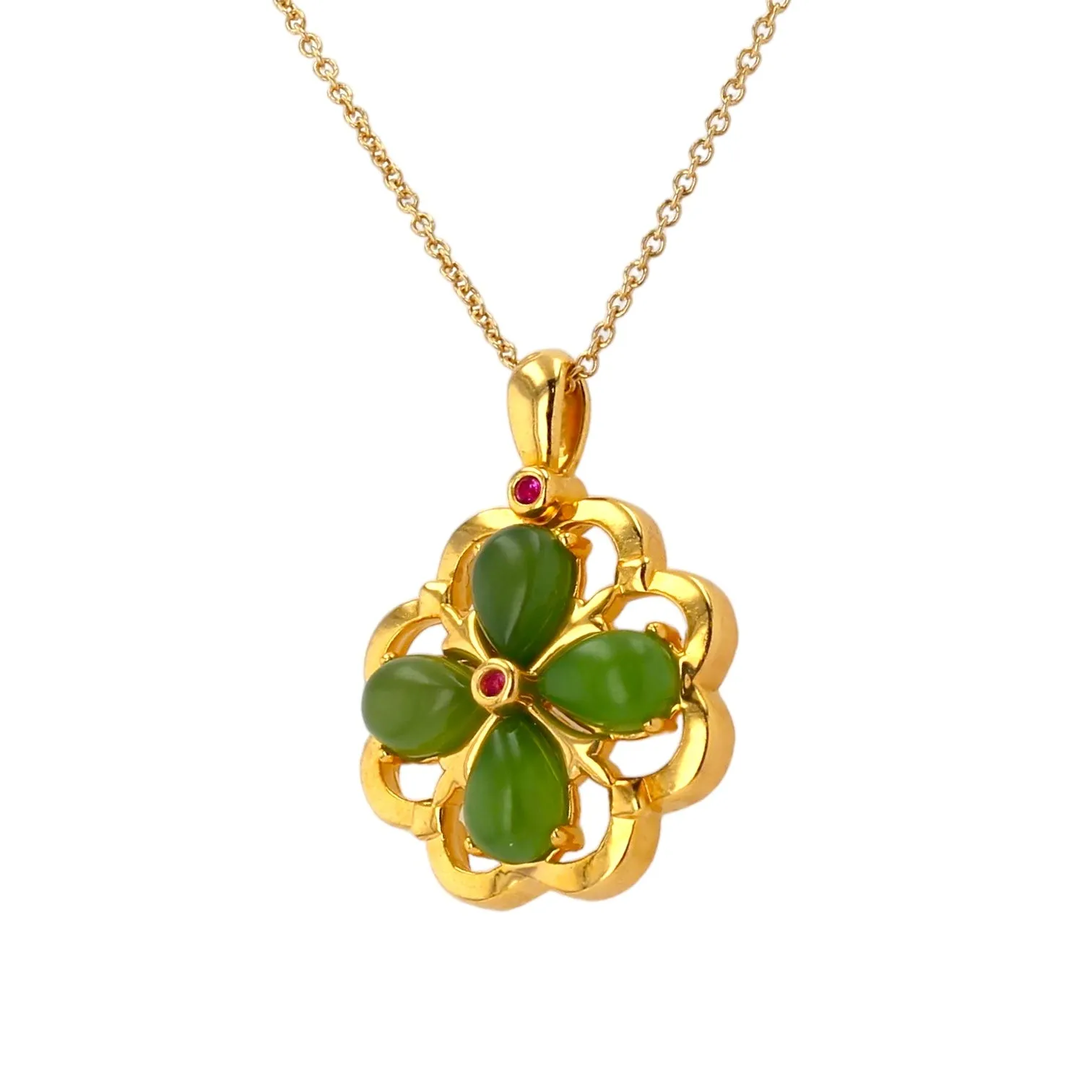 18k Yellow gold green jade clover necklace