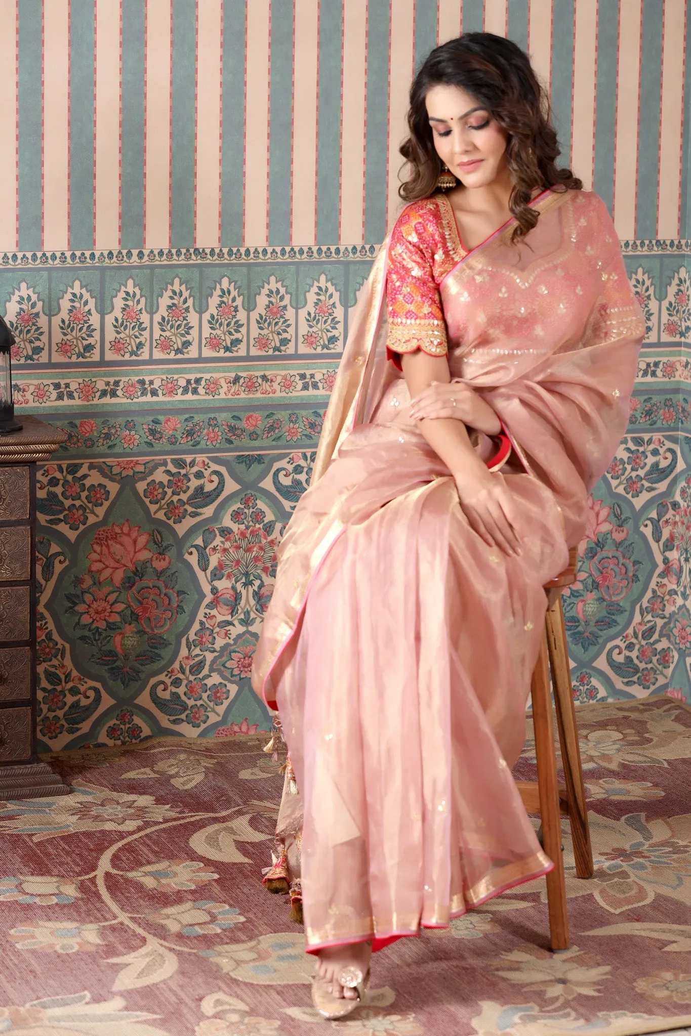 90Z509-NRO Dusty Pink Tissue Silk Sari with Pink Embroidered Blouse