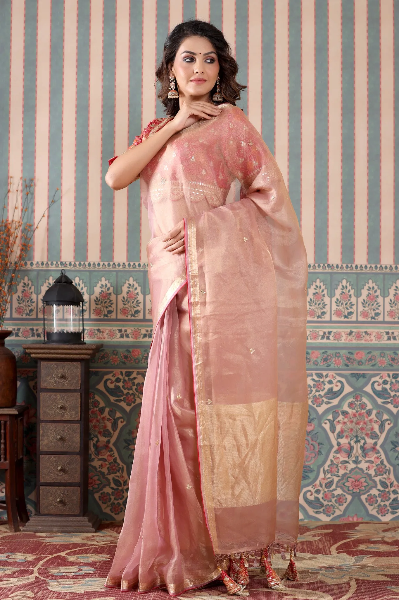 90Z509-NRO Dusty Pink Tissue Silk Sari with Pink Embroidered Blouse