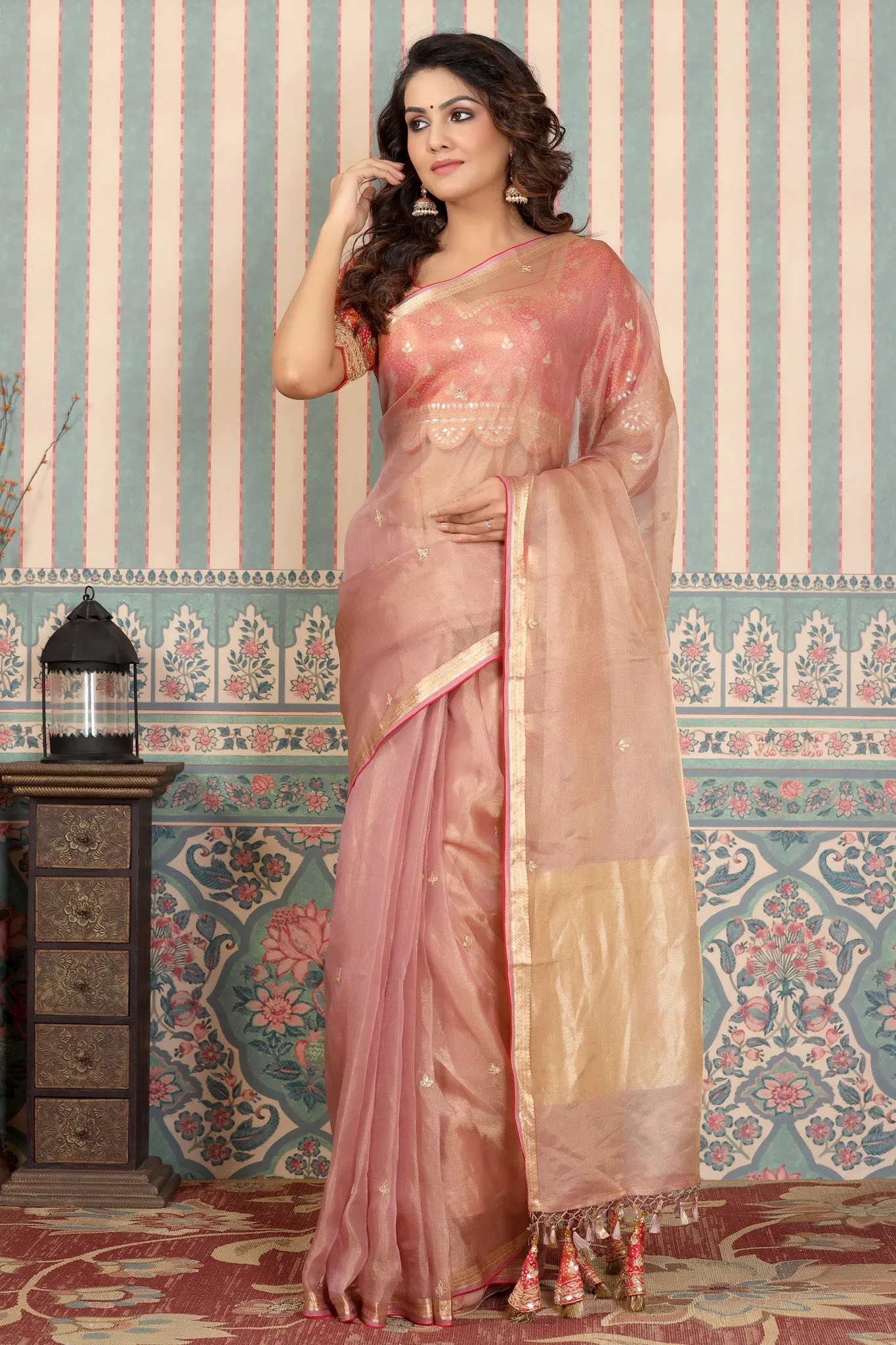 90Z509-NRO Dusty Pink Tissue Silk Sari with Pink Embroidered Blouse