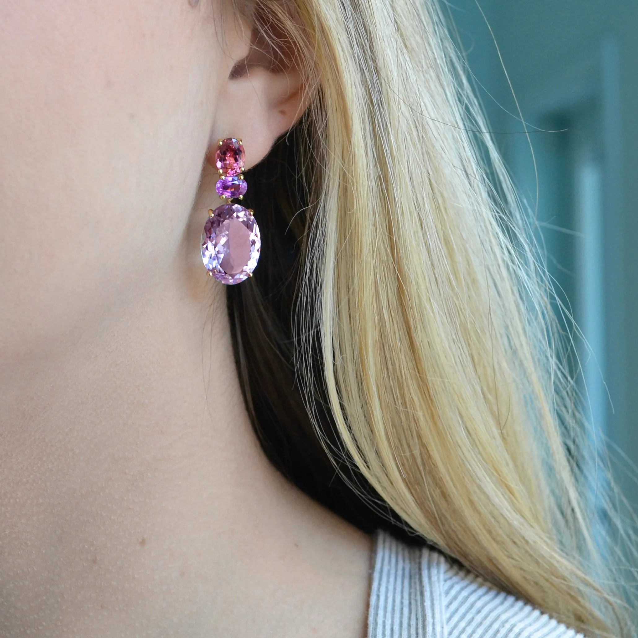 A & Furst - Party - Drop Earrings with Pink Tourmaline, Pink Sapphires and Rose de France, 18k Yellow Gold