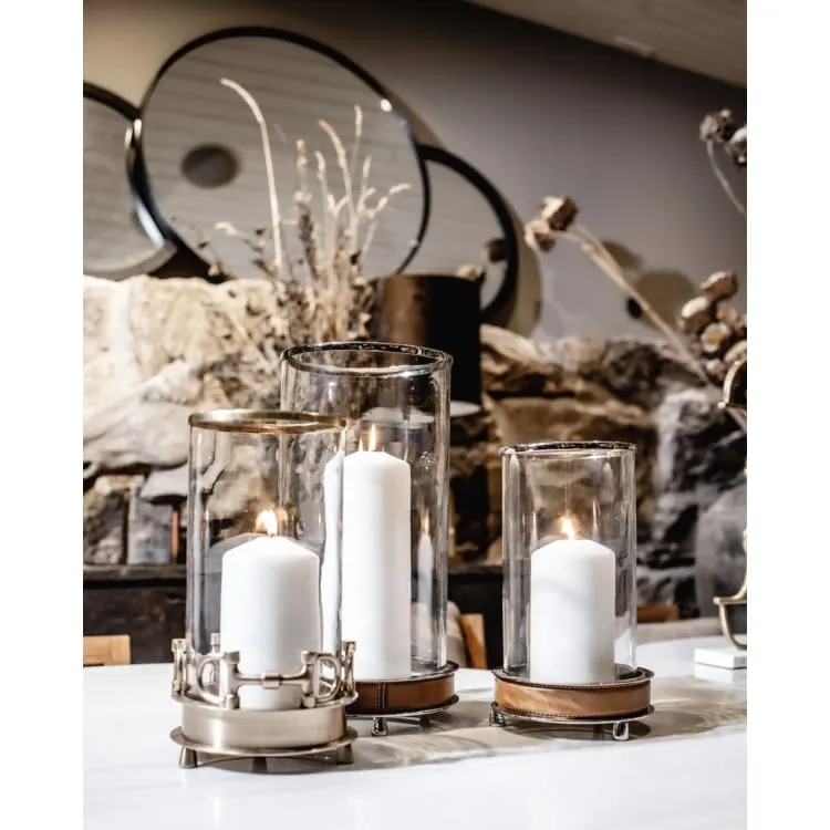 Adamsbro Hurricane Candle Holder Silver With Leather Details