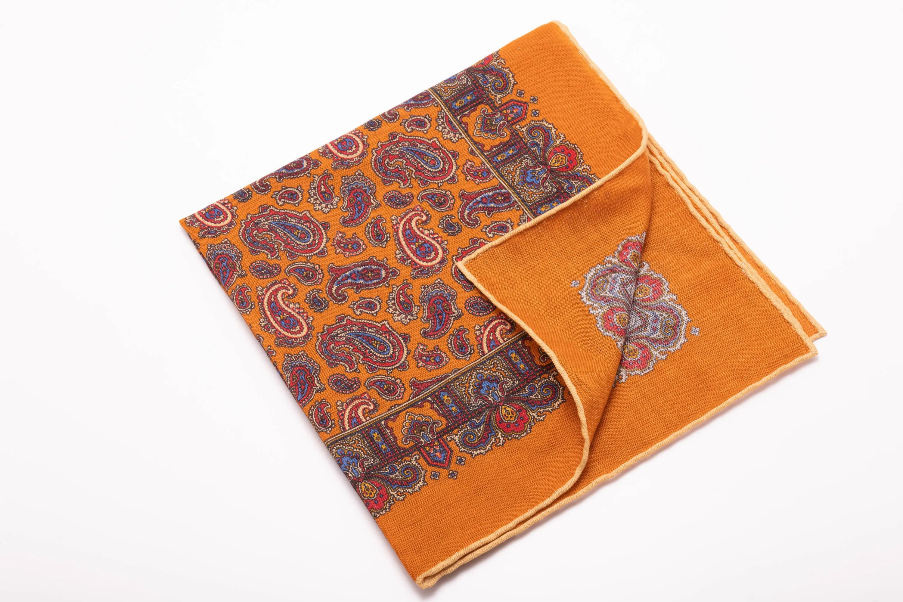 Antique Gold Paisley Silk Wool Pocket Square