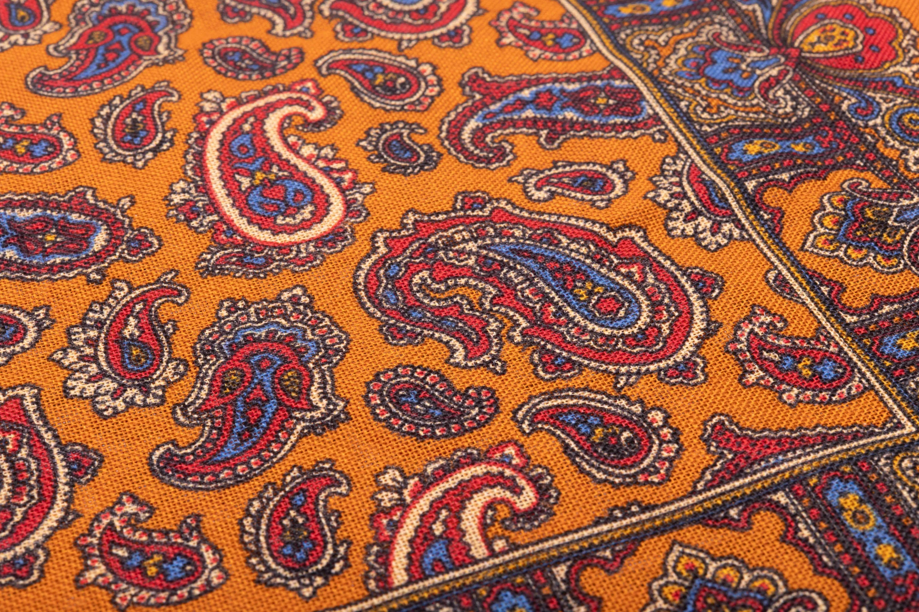 Antique Gold Paisley Silk Wool Pocket Square