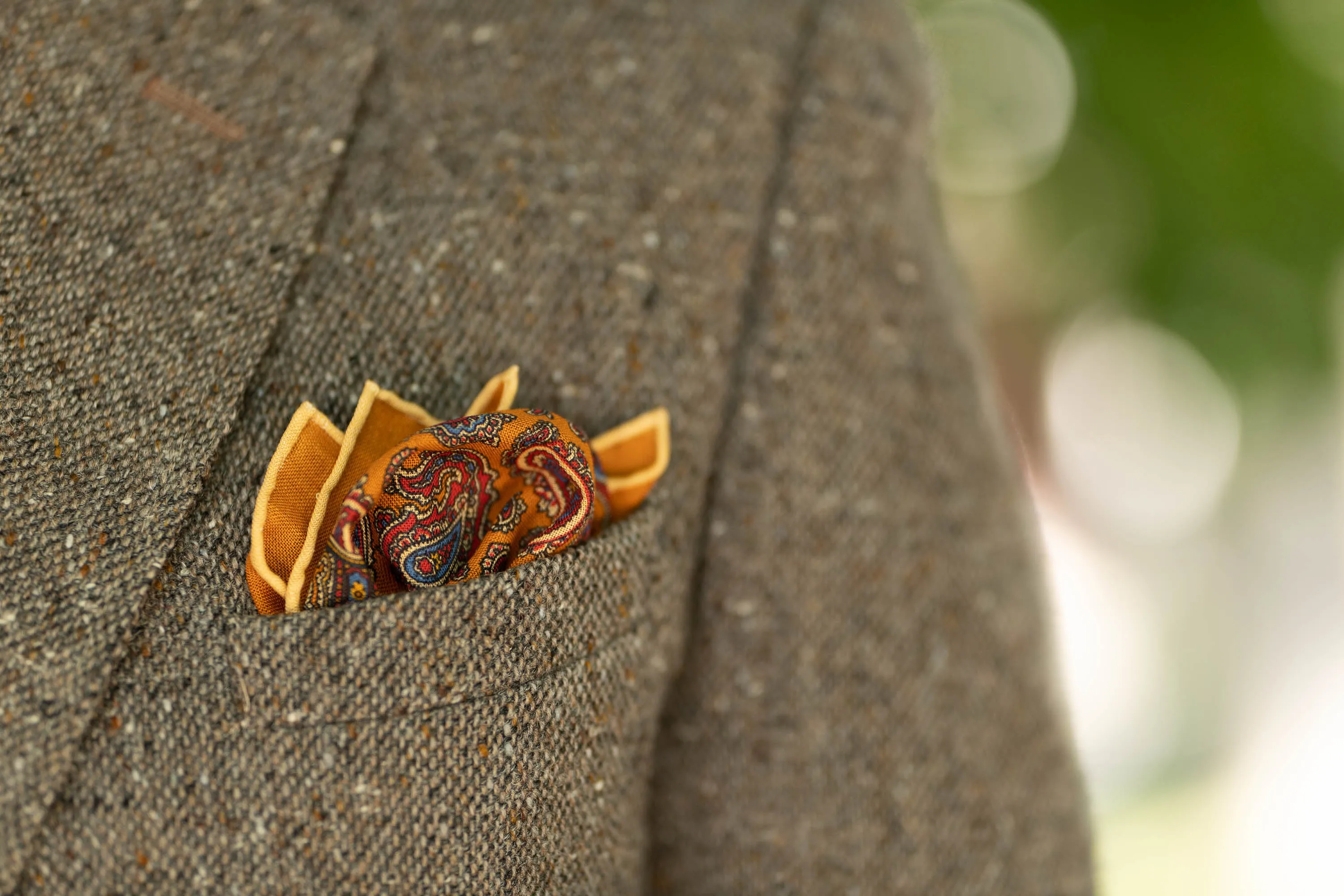 Antique Gold Paisley Silk Wool Pocket Square