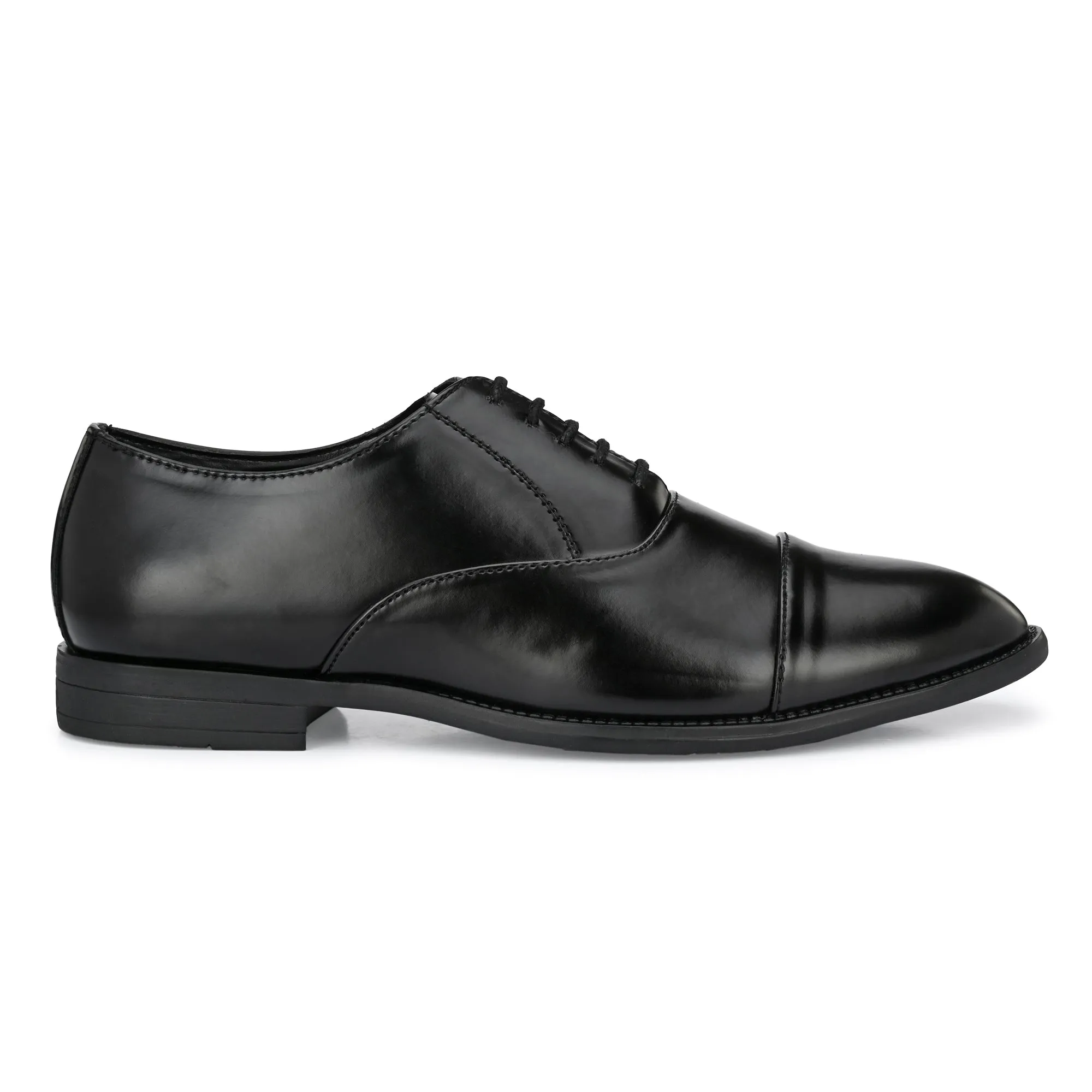 Attitudist Unisex Handcrafted Oxford Black Plain Formal Laceup Derby Shoes With Cap Toe