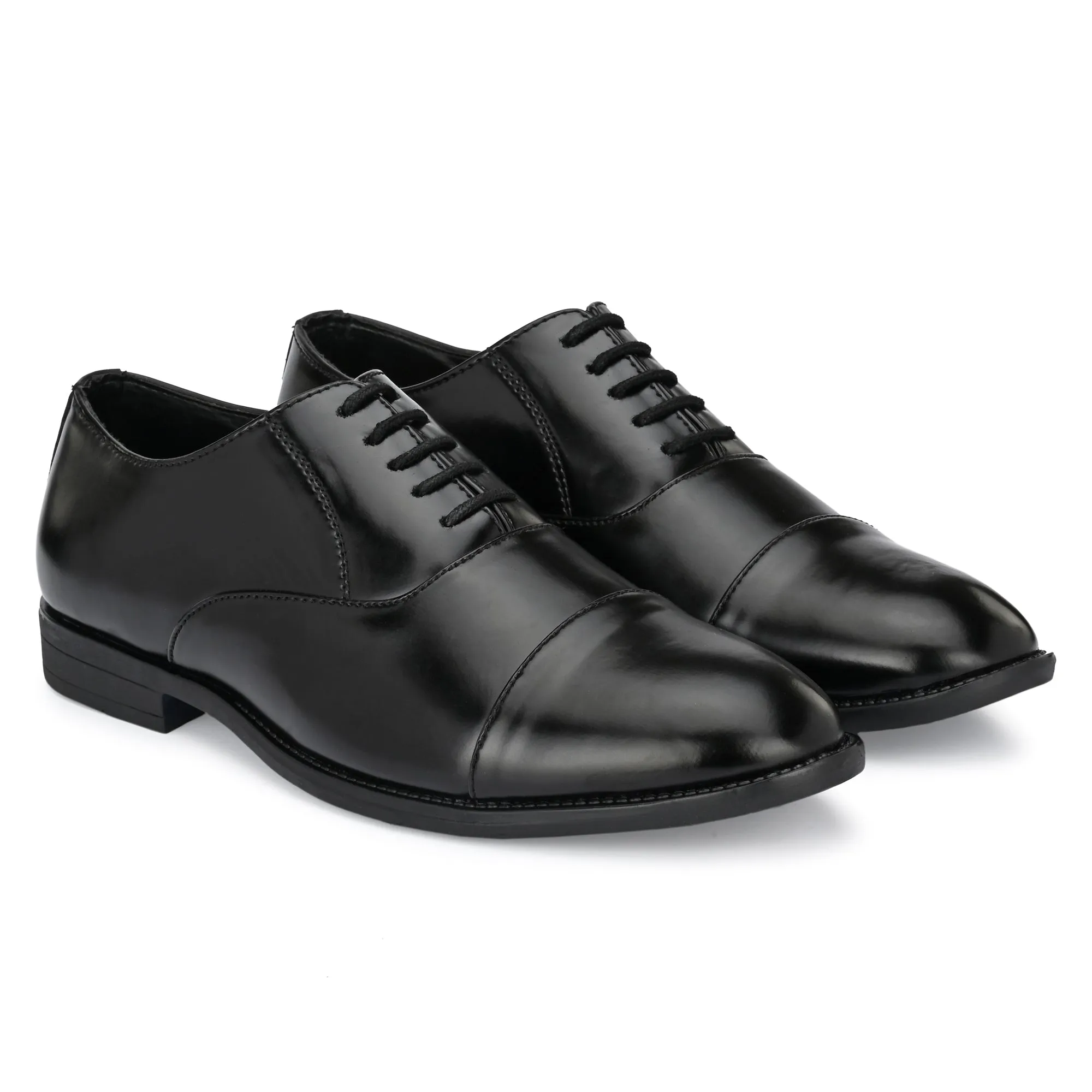 Attitudist Unisex Handcrafted Oxford Black Plain Formal Laceup Derby Shoes With Cap Toe