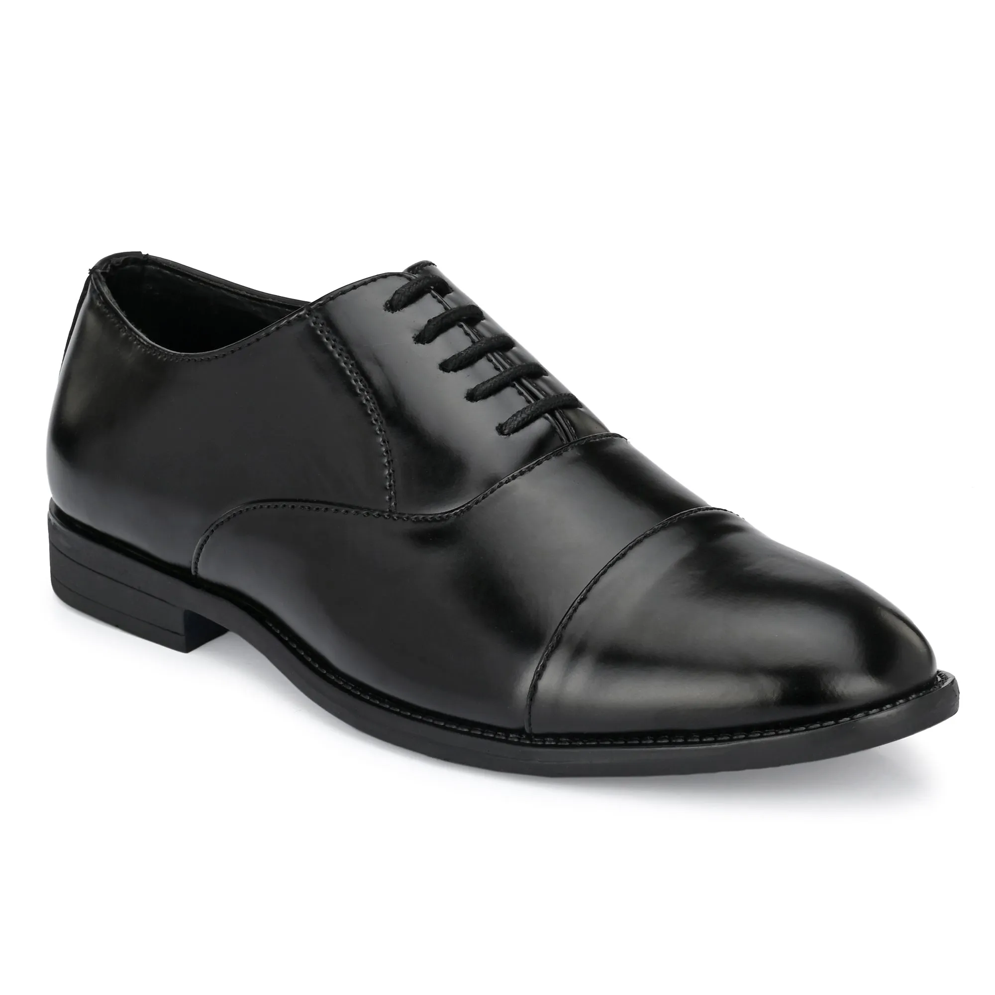 Attitudist Unisex Handcrafted Oxford Black Plain Formal Laceup Derby Shoes With Cap Toe