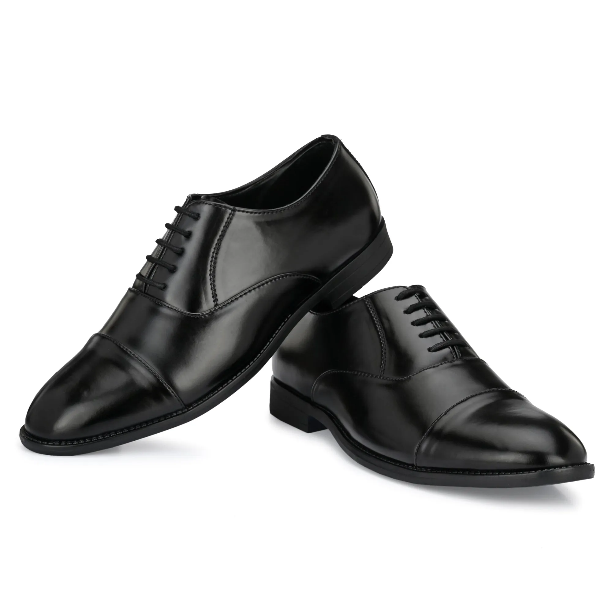 Attitudist Unisex Handcrafted Oxford Black Plain Formal Laceup Derby Shoes With Cap Toe