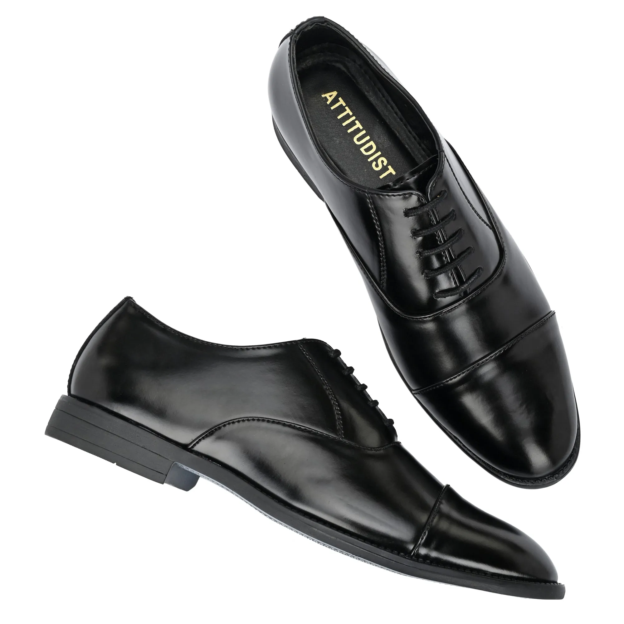 Attitudist Unisex Handcrafted Oxford Black Plain Formal Laceup Derby Shoes With Cap Toe