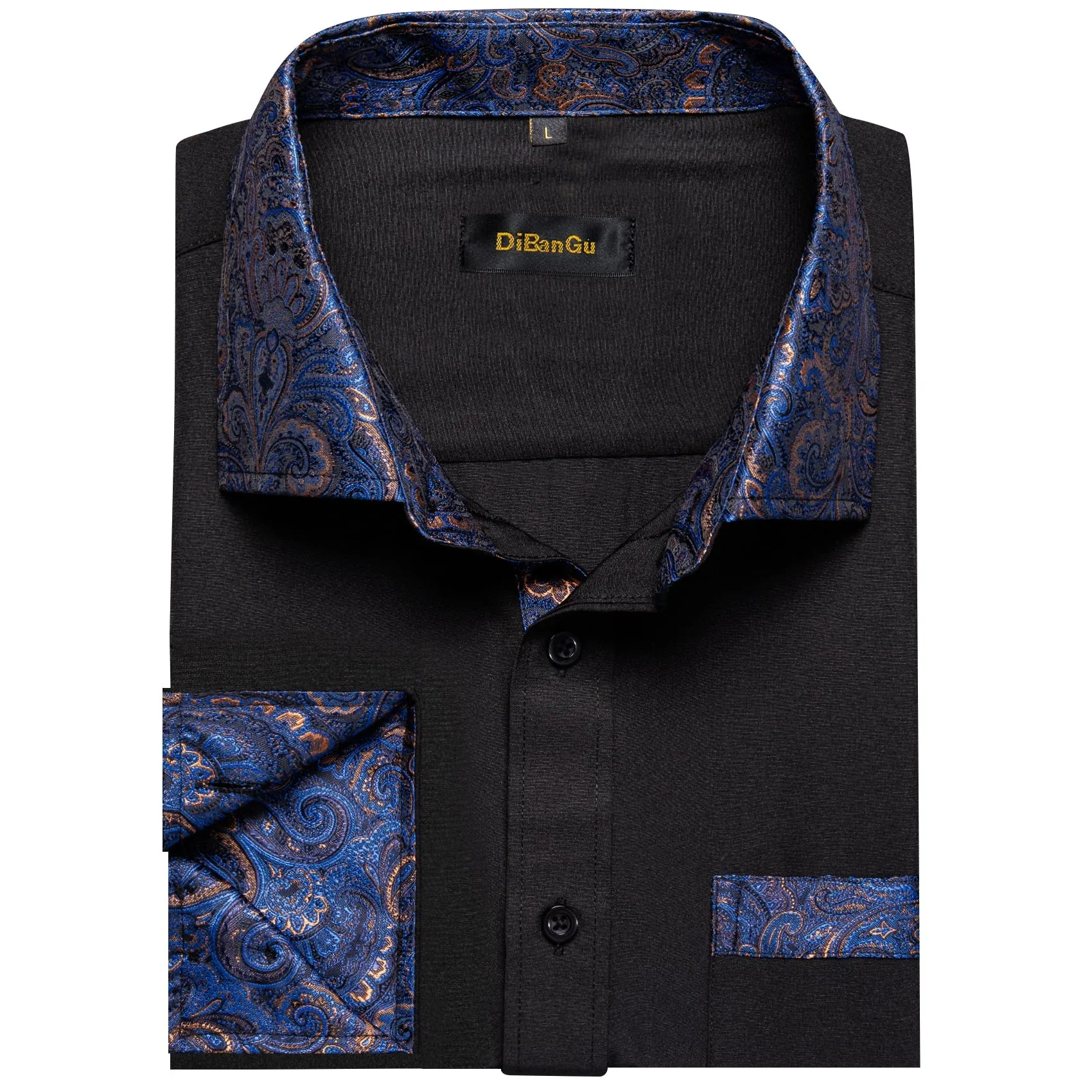 Black Dress Shirts Men's Clothing Long Sleeve Tuxedo Social Casual Splicing Paisley Collar Cuff Men's Shirt