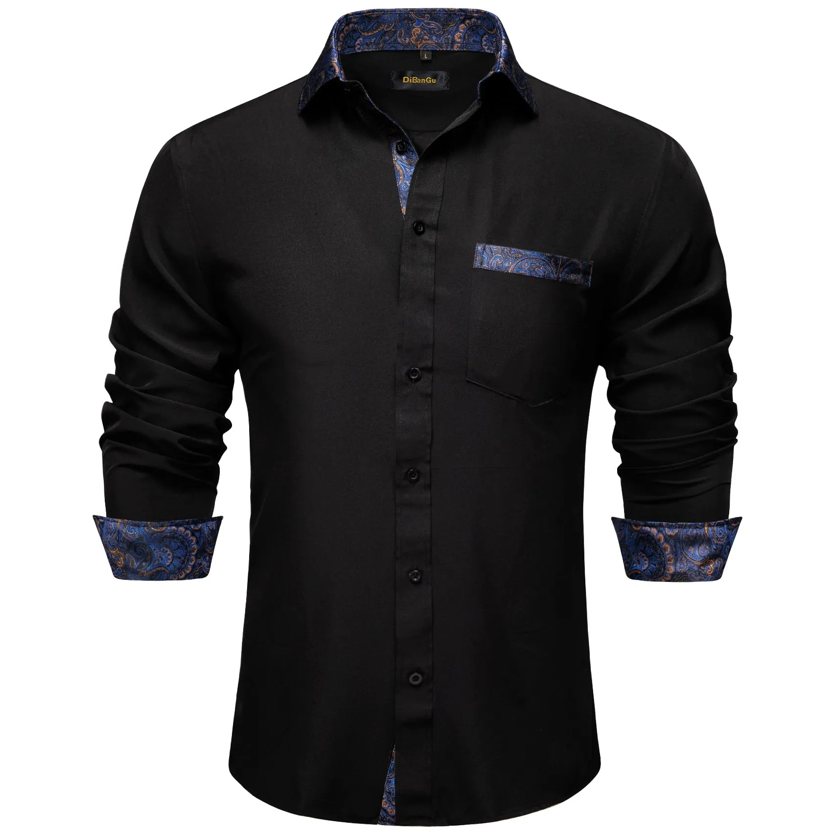 Black Dress Shirts Men's Clothing Long Sleeve Tuxedo Social Casual Splicing Paisley Collar Cuff Men's Shirt