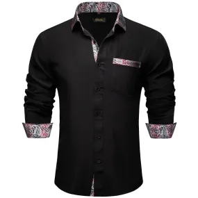 Black Dress Shirts Men's Clothing Long Sleeve Tuxedo Social Casual Splicing Paisley Collar Cuff Men's Shirt