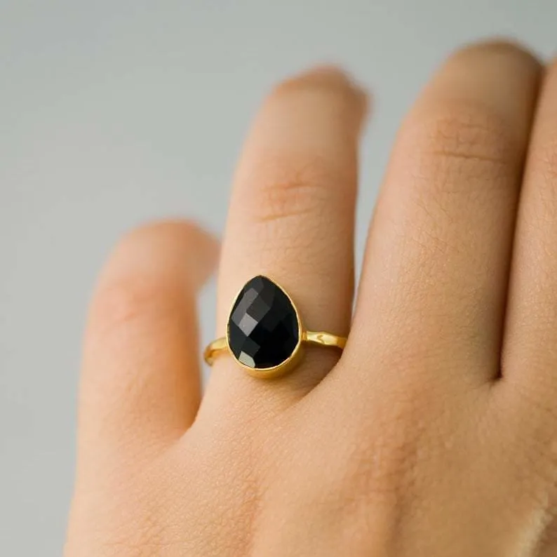 Black Onyx Tear Drop Statement Ring, Handcrafted Jewelry, Gift for her