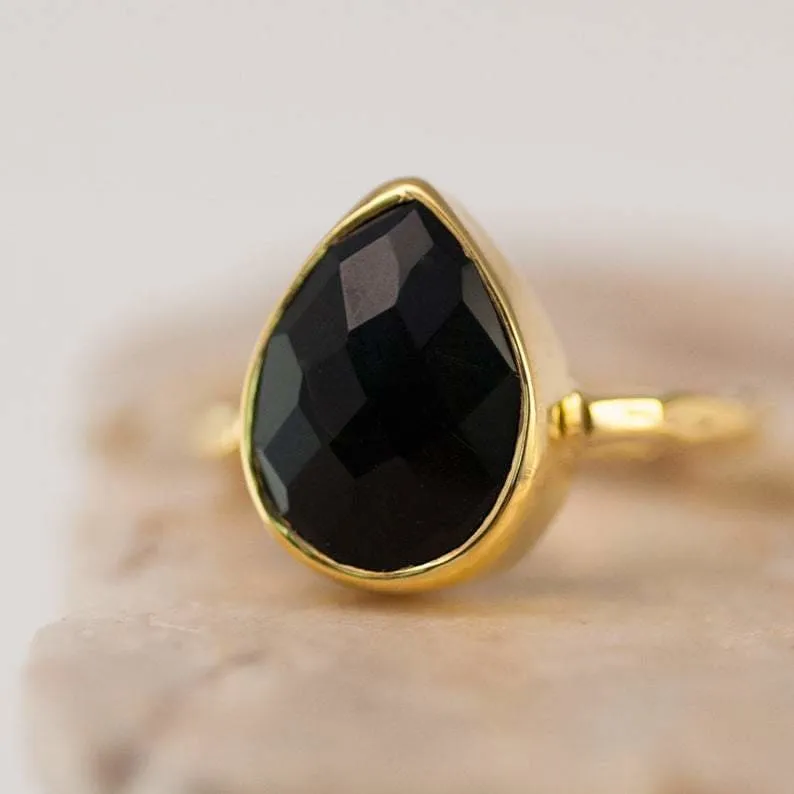 Black Onyx Tear Drop Statement Ring, Handcrafted Jewelry, Gift for her