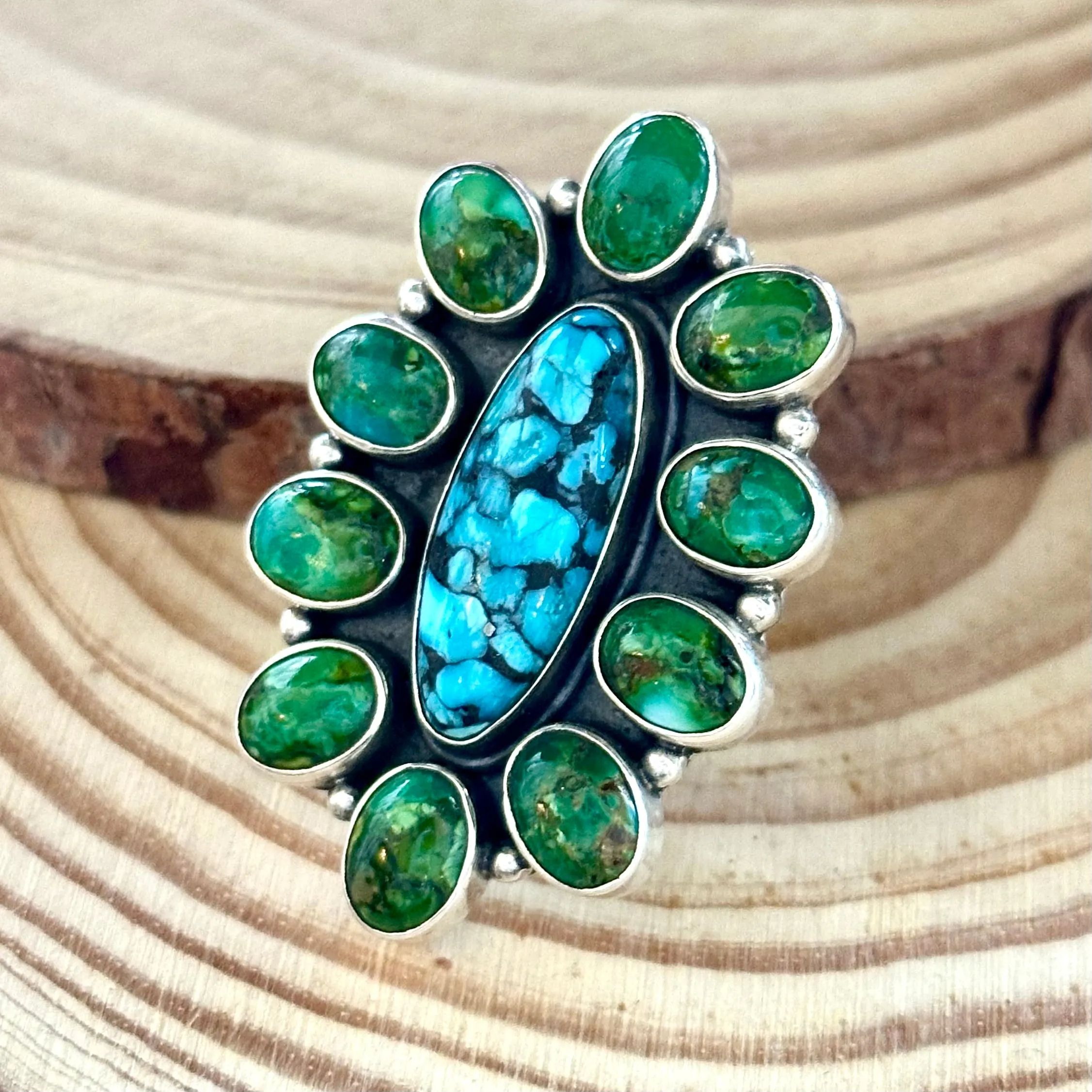 BLOOMING FLOWER Sterling Silver Blue & Green Turquoise Cluster Ring  Sizes 7 & 9 1/4