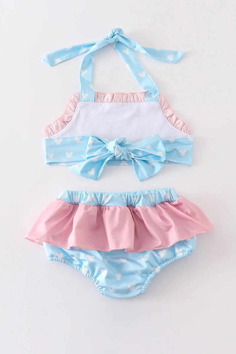 Blue character castle embroidery 2pc girl swimsuit