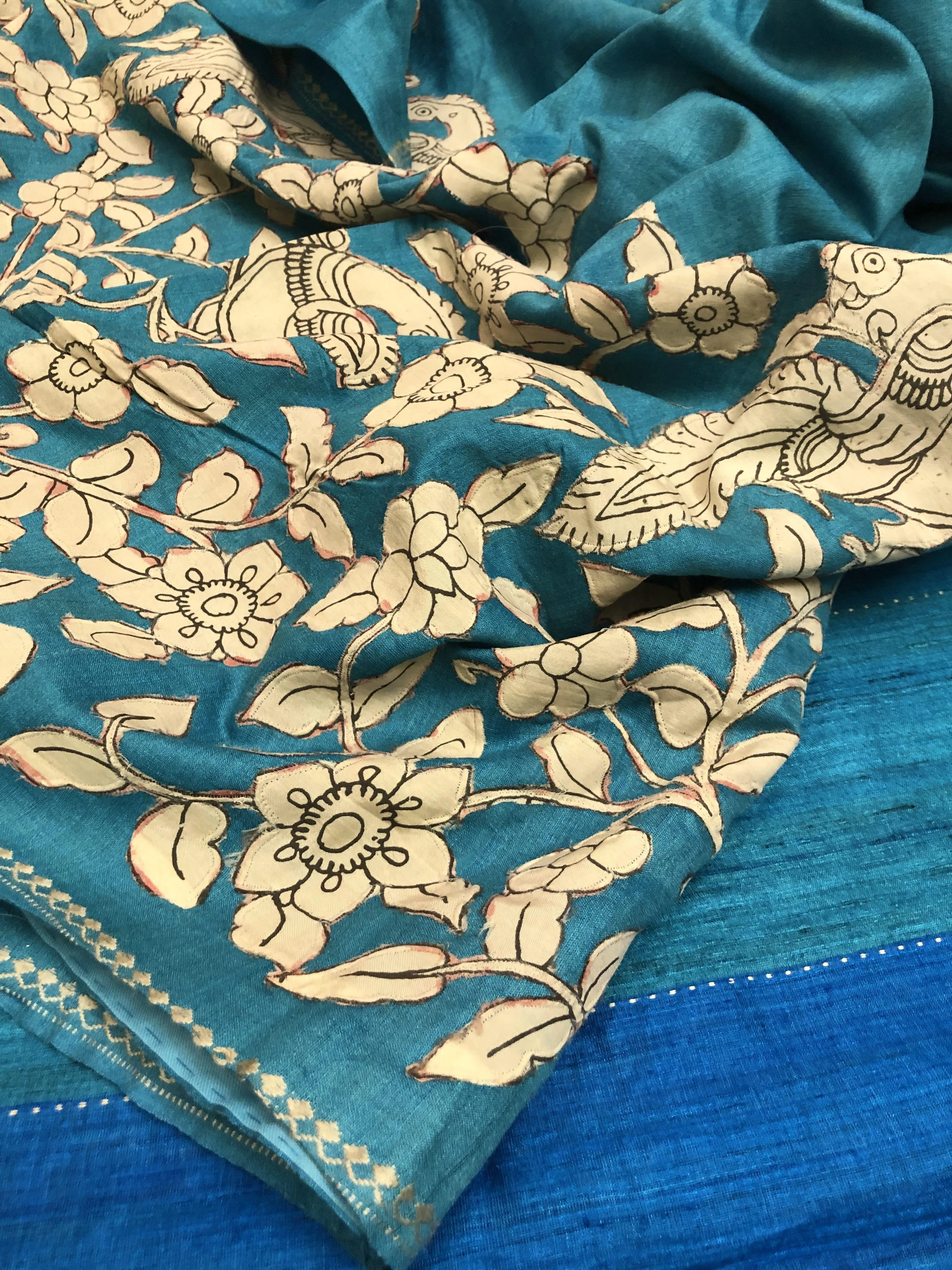 Blue Color Pure Tussar Silk Saree with Kalamkari Applique Work