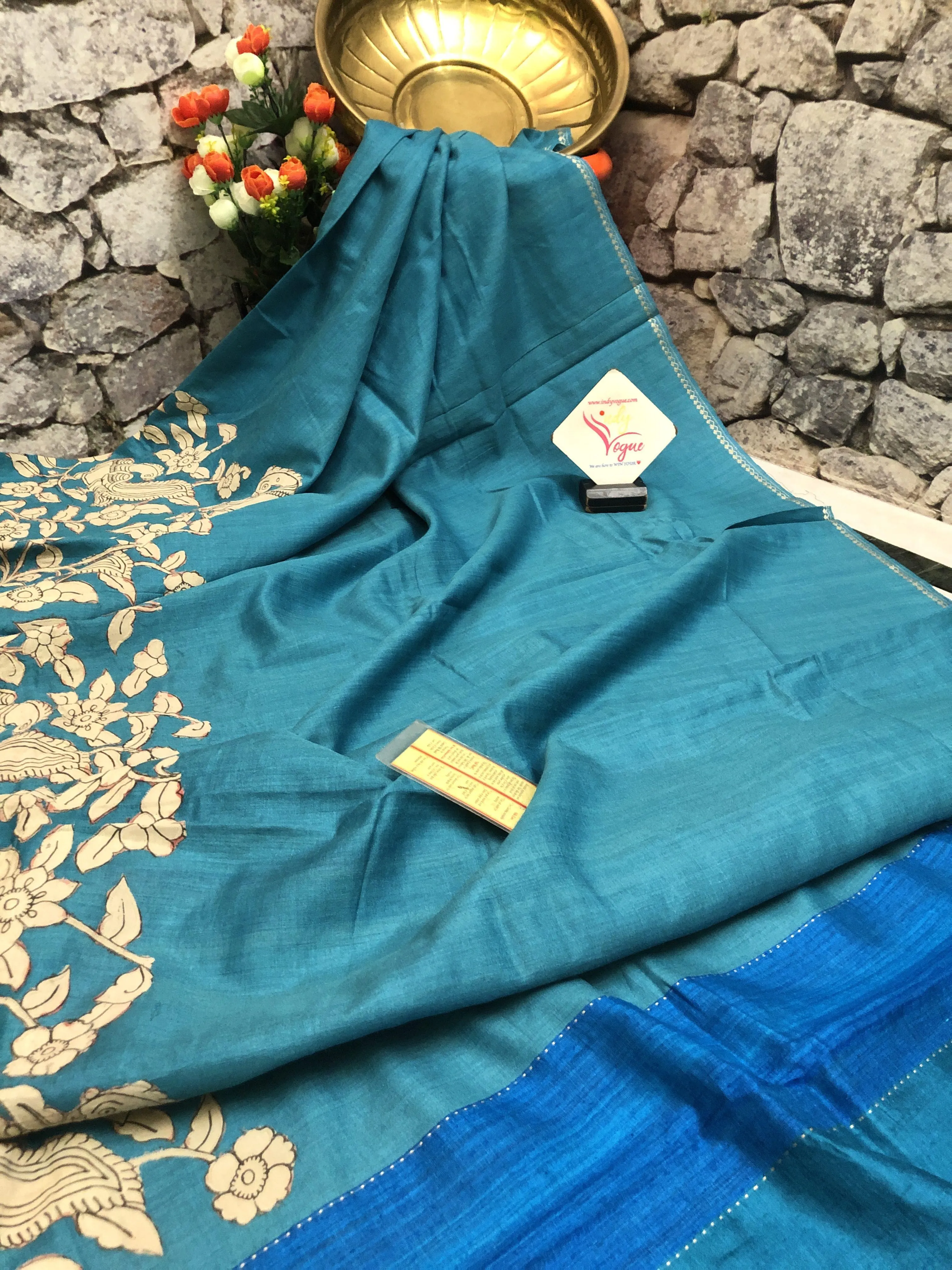 Blue Color Pure Tussar Silk Saree with Kalamkari Applique Work