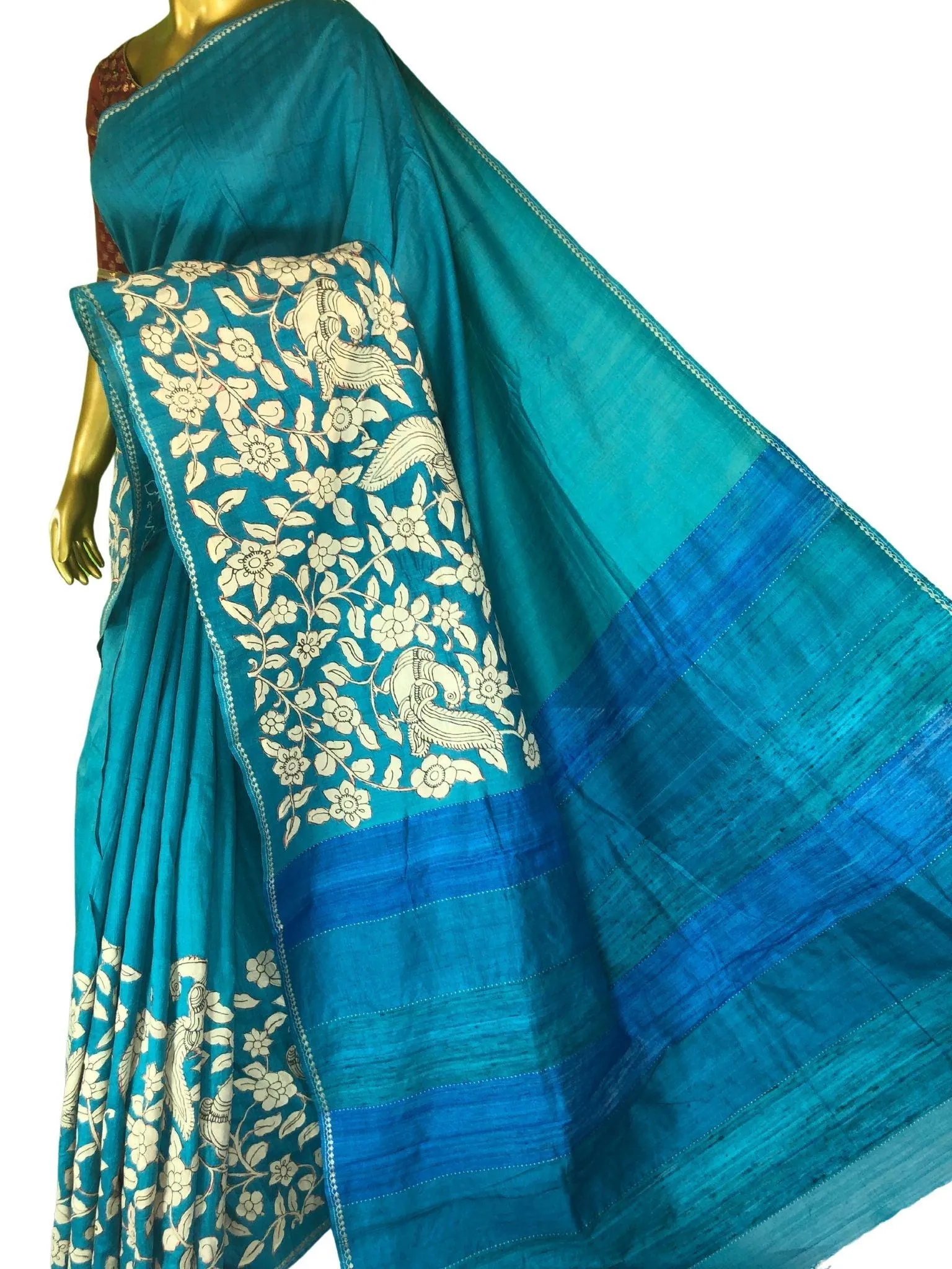 Blue Color Pure Tussar Silk Saree with Kalamkari Applique Work