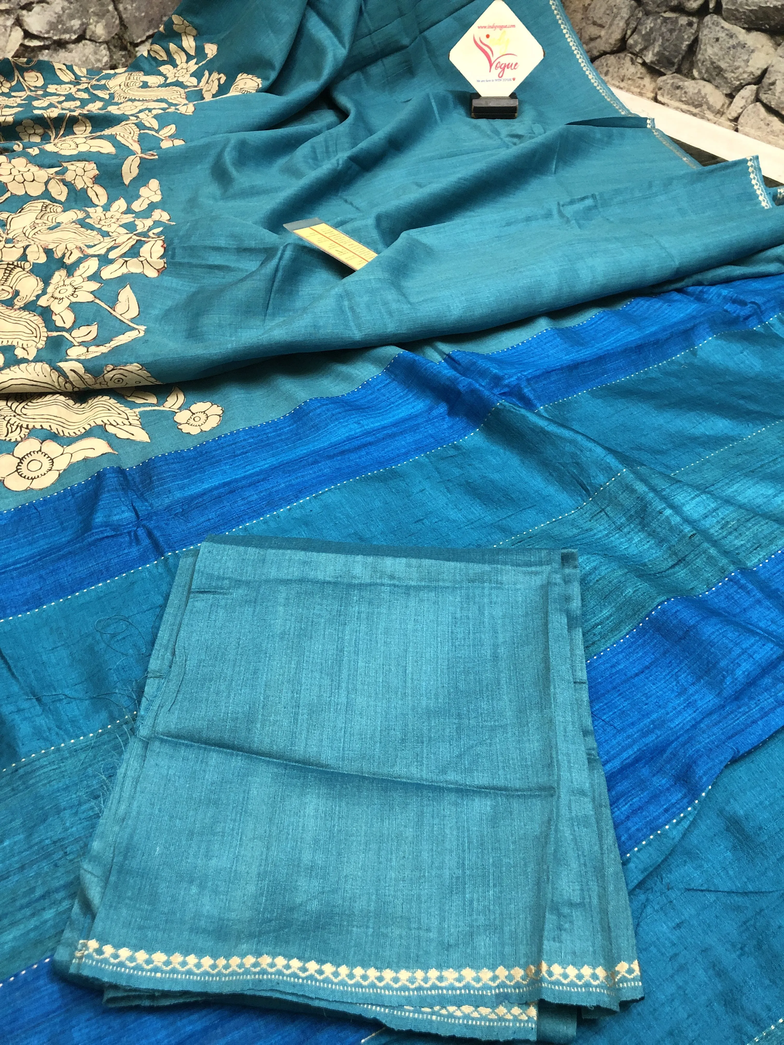 Blue Color Pure Tussar Silk Saree with Kalamkari Applique Work