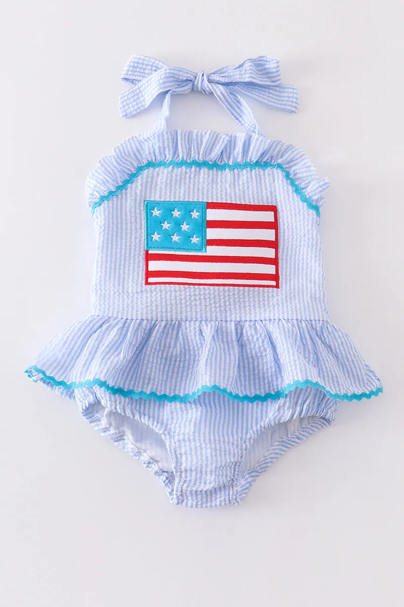 Blue patriotic flag applique seersucker one-piece girl swimsuit