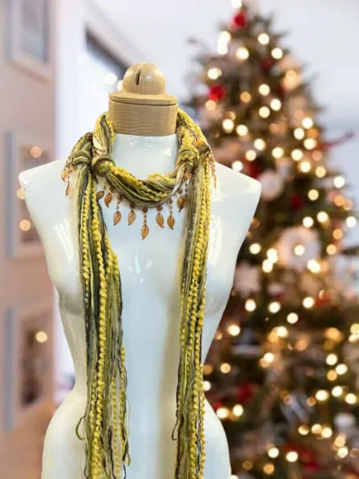 Boho Beaded Lightweight Mohair Scarf Necklace - Yellow, Green and Brown