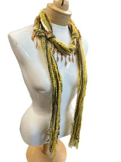 Boho Beaded Lightweight Mohair Scarf Necklace - Yellow, Green and Brown