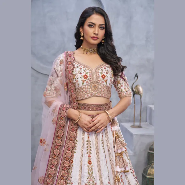 Bridal Light Purple Lehenga with Zari Paisley Embroidery, Silk Patches, and Regal Peacock Motifs | Ready To Wear |