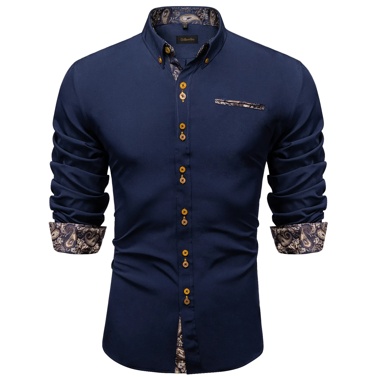 Brown Solid Casual Shirts Men's Blue Paisley Color Contrast Dress Shirt Designer Men's Clothing