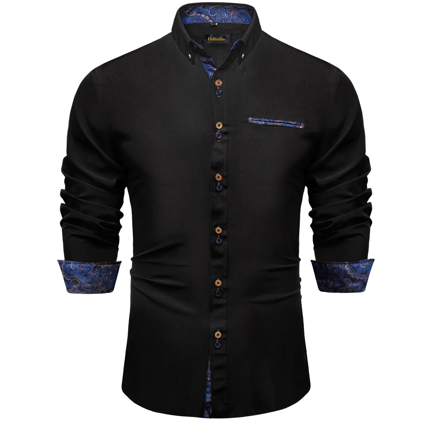 Brown Solid Casual Shirts Men's Blue Paisley Color Contrast Dress Shirt Designer Men's Clothing