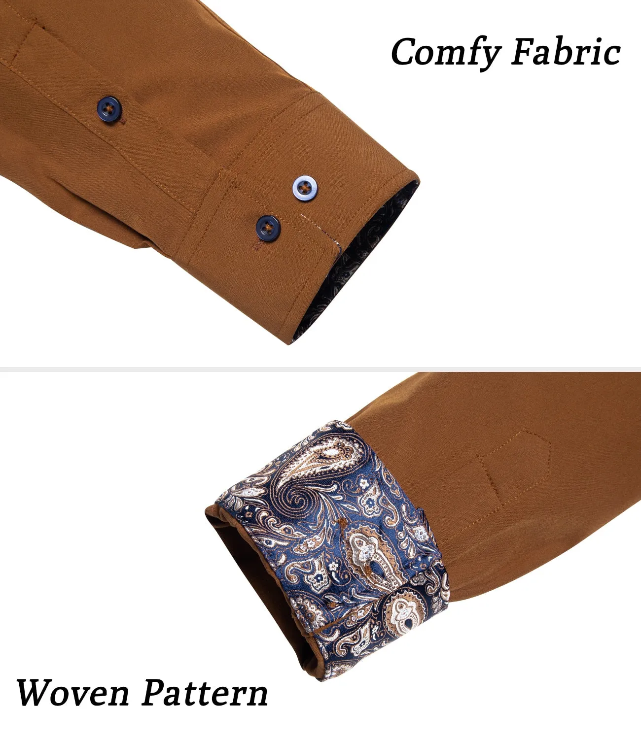 Brown Solid Casual Shirts Men's Blue Paisley Color Contrast Dress Shirt Designer Men's Clothing