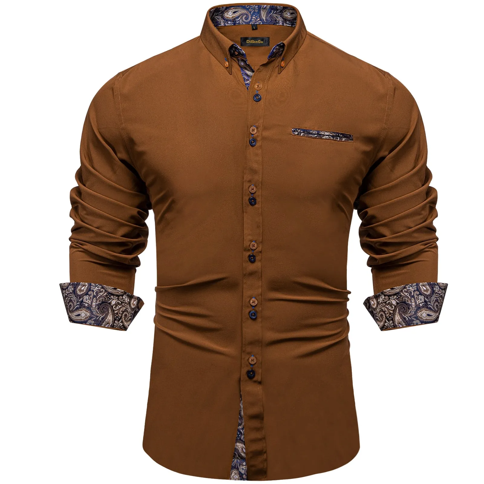 Brown Solid Casual Shirts Men's Blue Paisley Color Contrast Dress Shirt Designer Men's Clothing