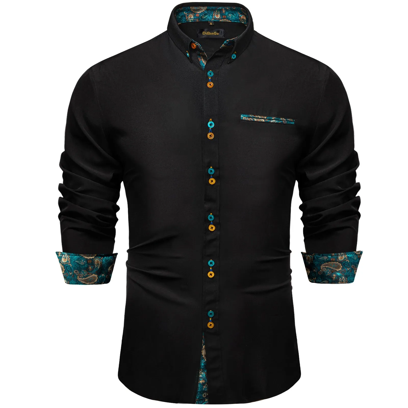 Brown Solid Casual Shirts Men's Blue Paisley Color Contrast Dress Shirt Designer Men's Clothing