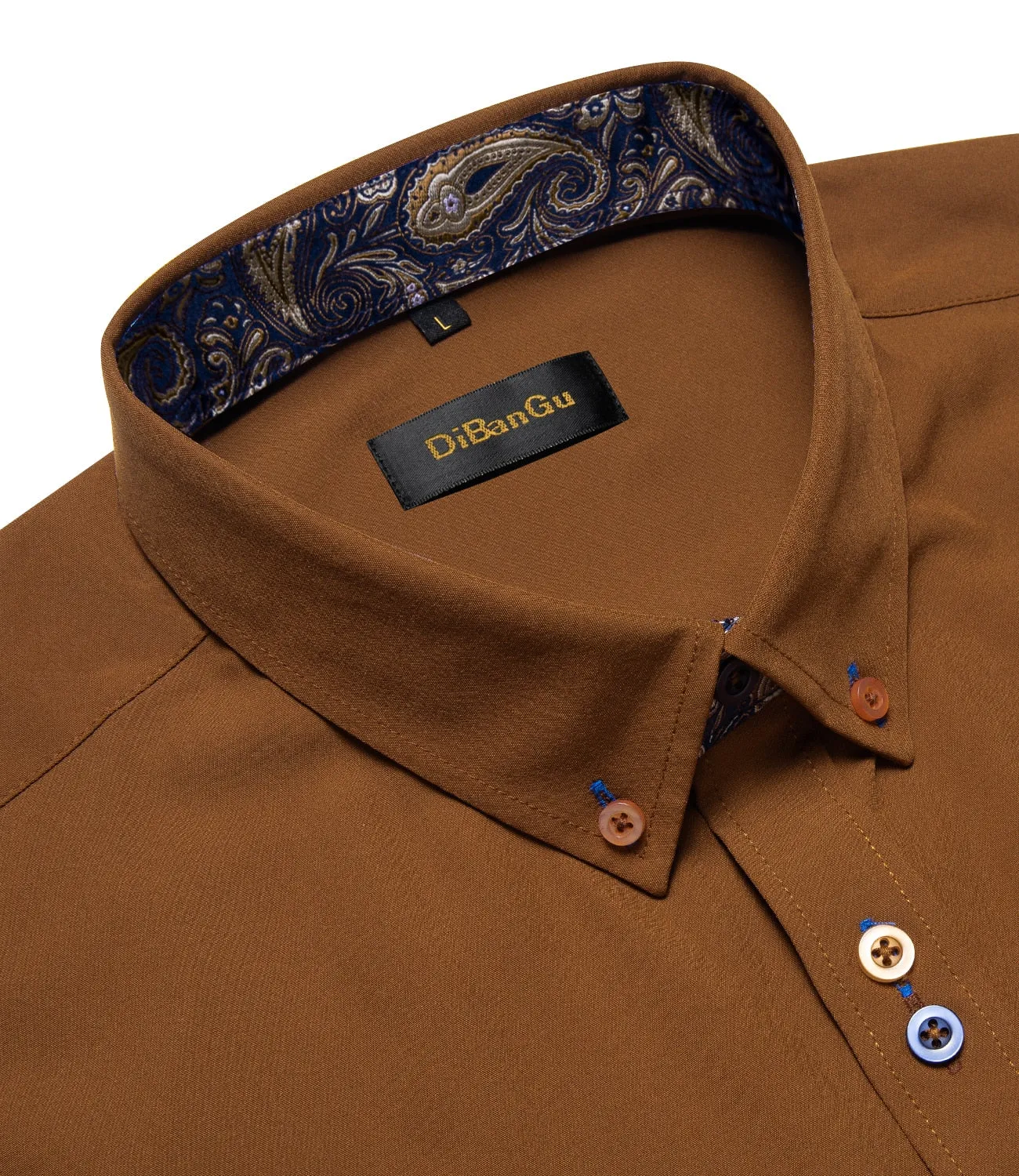 Brown Solid Casual Shirts Men's Blue Paisley Color Contrast Dress Shirt Designer Men's Clothing