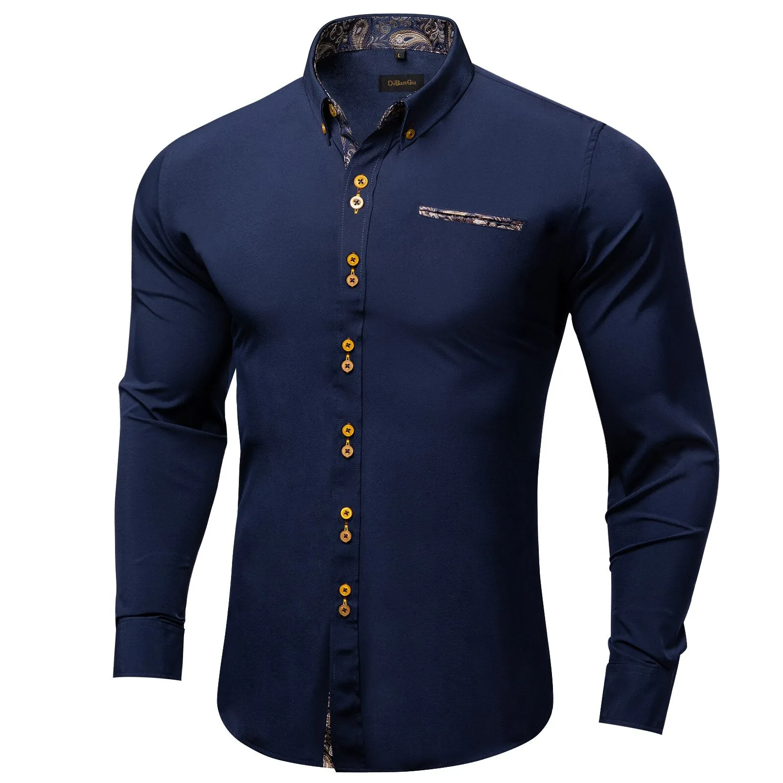 Brown Solid Casual Shirts Men's Blue Paisley Color Contrast Dress Shirt Designer Men's Clothing