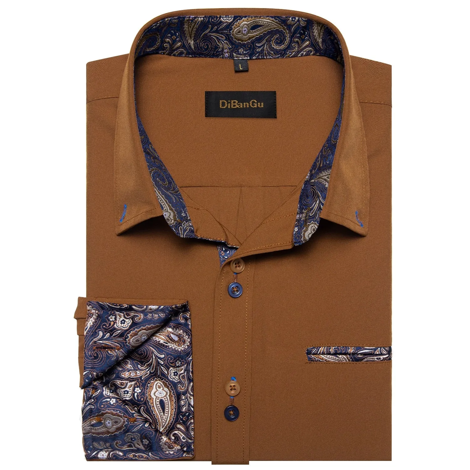 Brown Solid Casual Shirts Men's Blue Paisley Color Contrast Dress Shirt Designer Men's Clothing