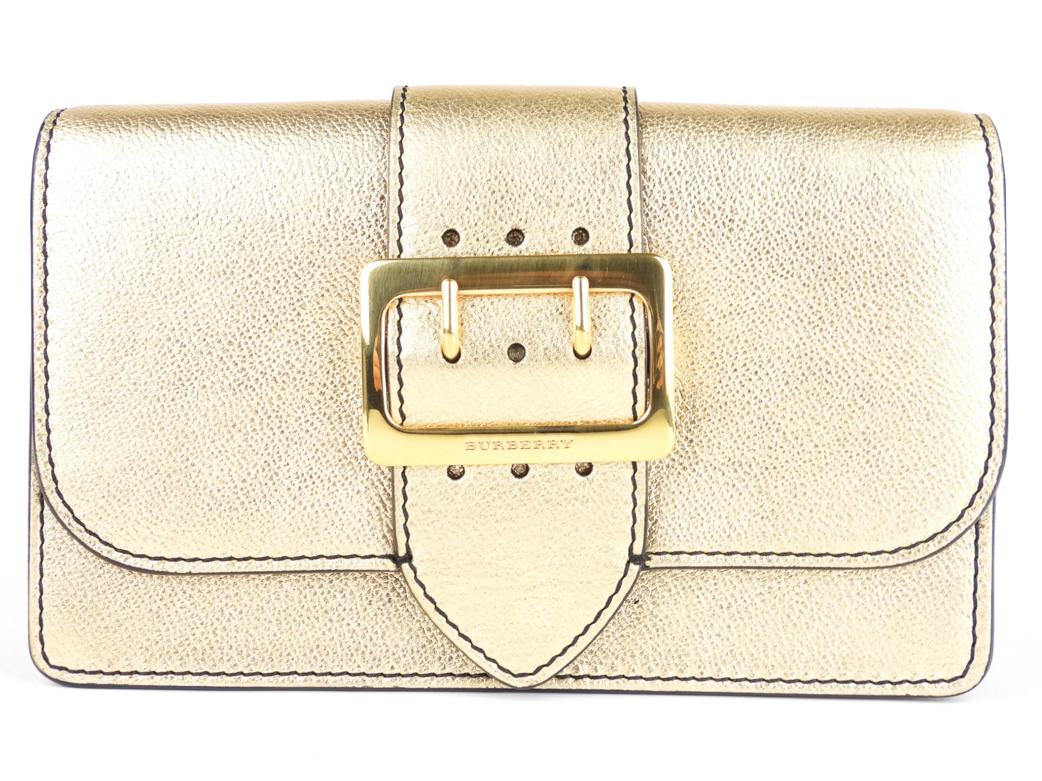 Burberry Gold Metallic Leather Buckle Mini Two Way Crossbody Bag