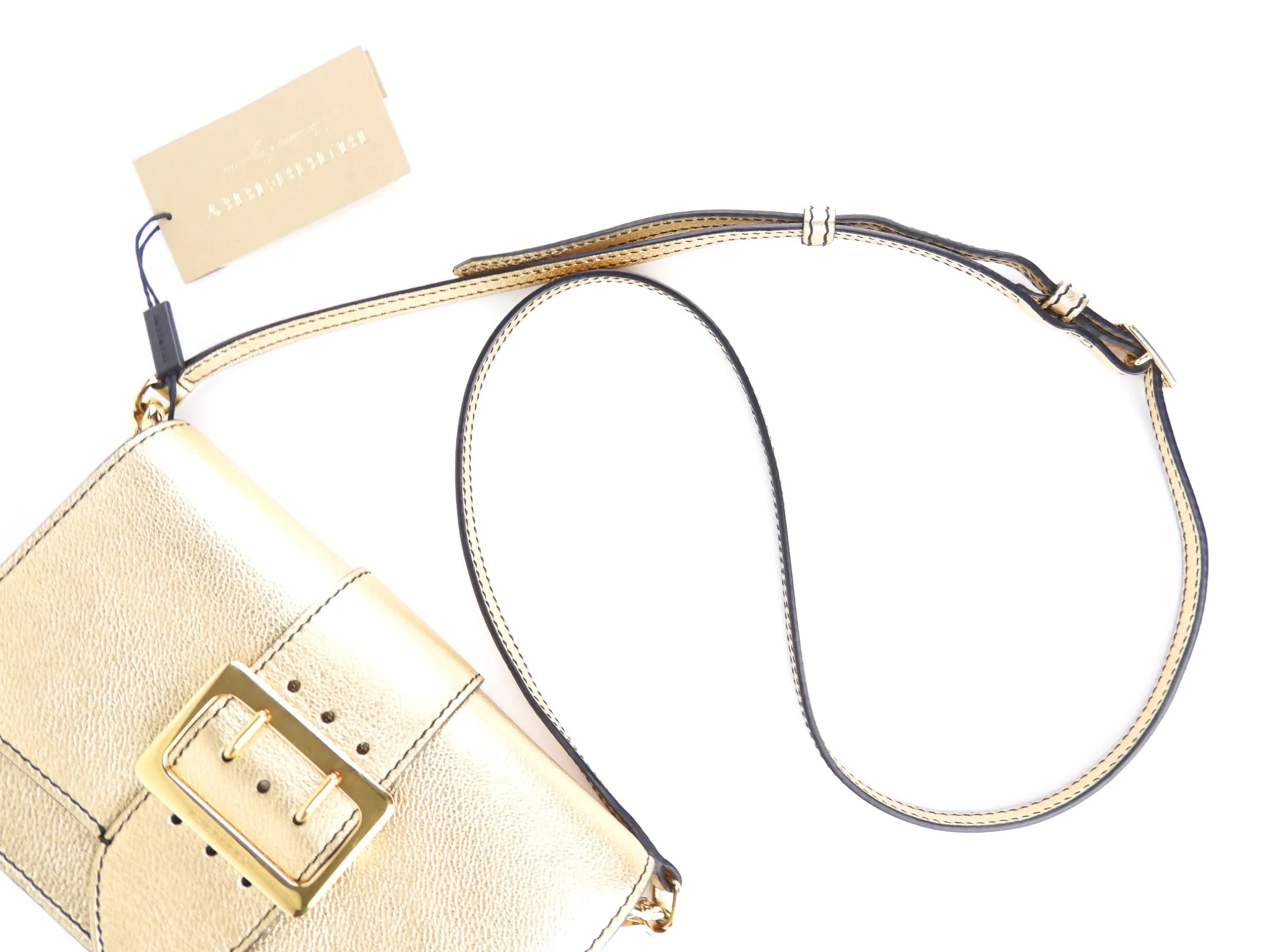 Burberry Gold Metallic Leather Buckle Mini Two Way Crossbody Bag