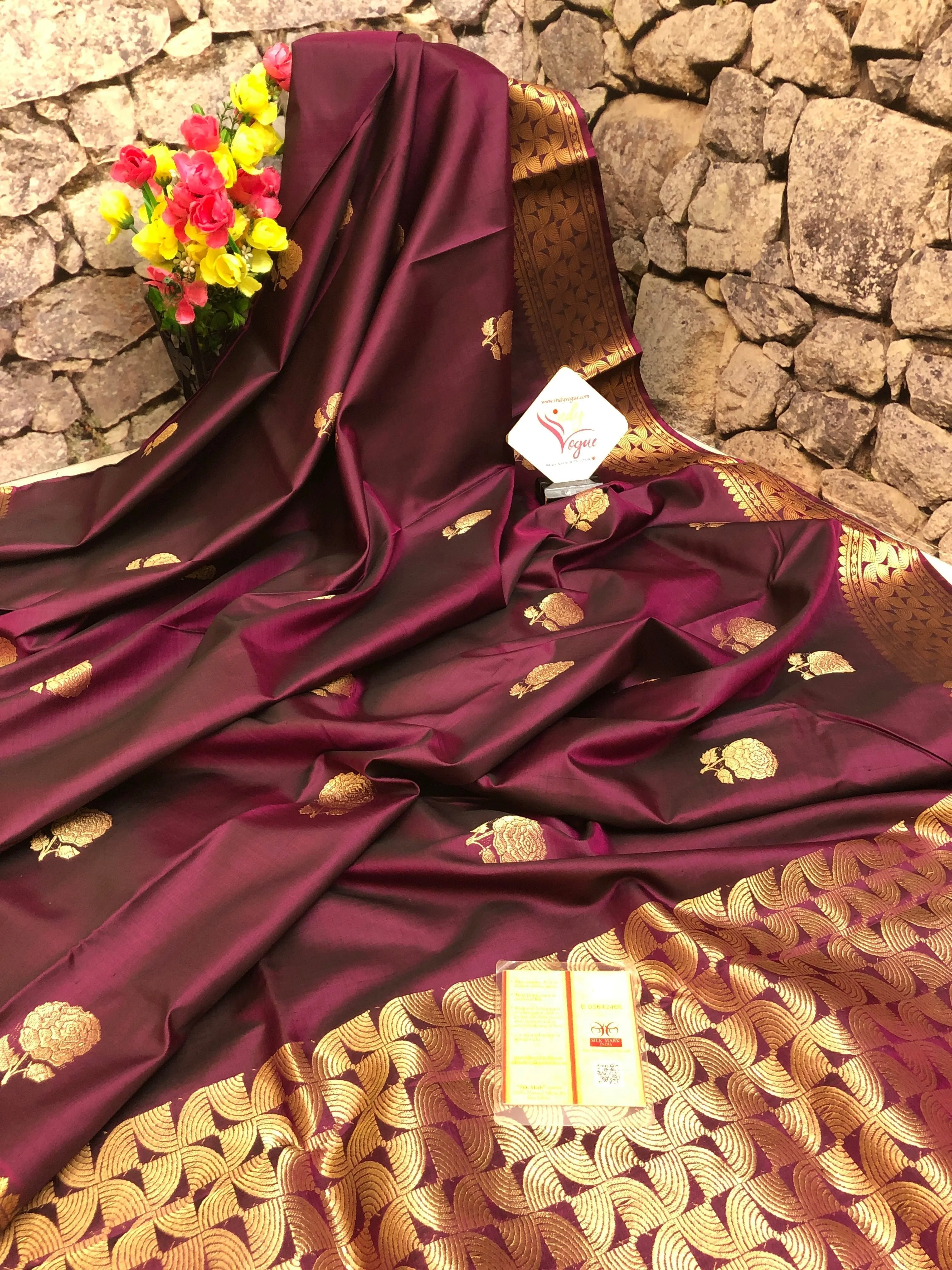 Chocolate Wine Color Pure Baluchari Silk Saree with Rose Motif