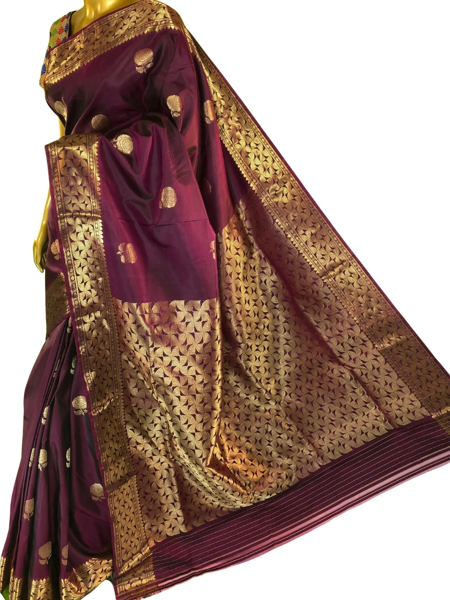 Chocolate Wine Color Pure Baluchari Silk Saree with Rose Motif