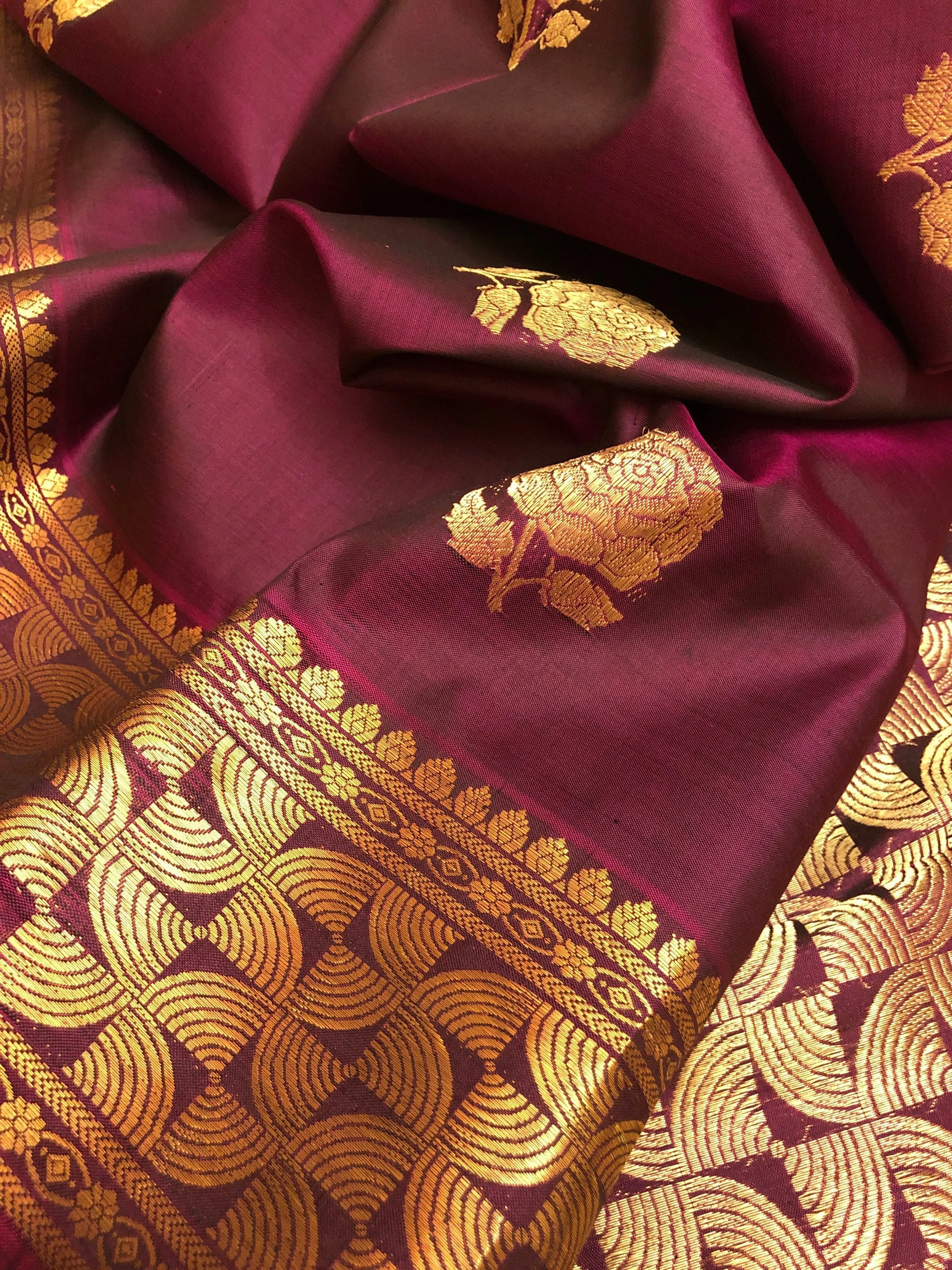 Chocolate Wine Color Pure Baluchari Silk Saree with Rose Motif