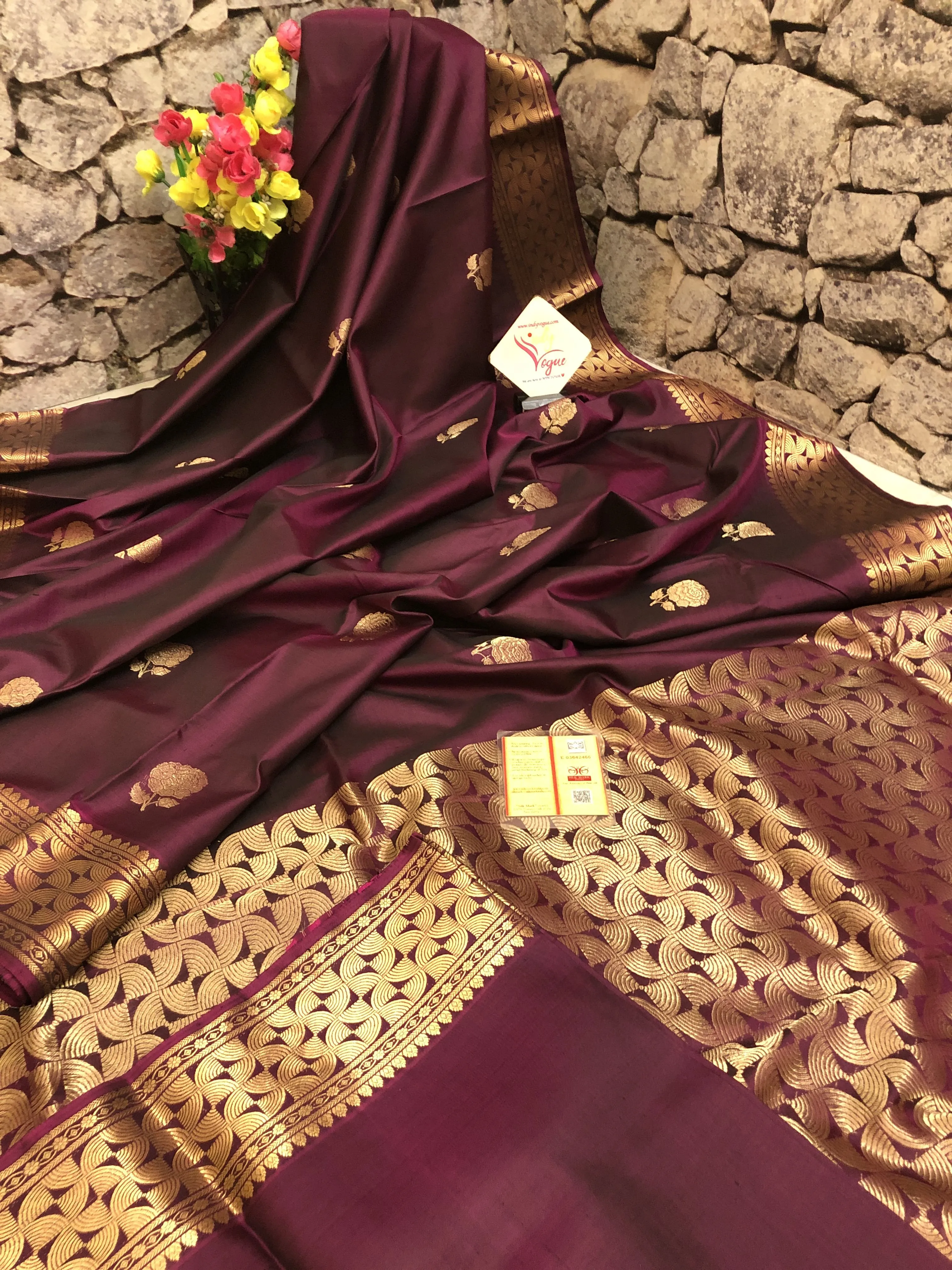 Chocolate Wine Color Pure Baluchari Silk Saree with Rose Motif