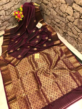 Chocolate Wine Color Pure Baluchari Silk Saree with Rose Motif