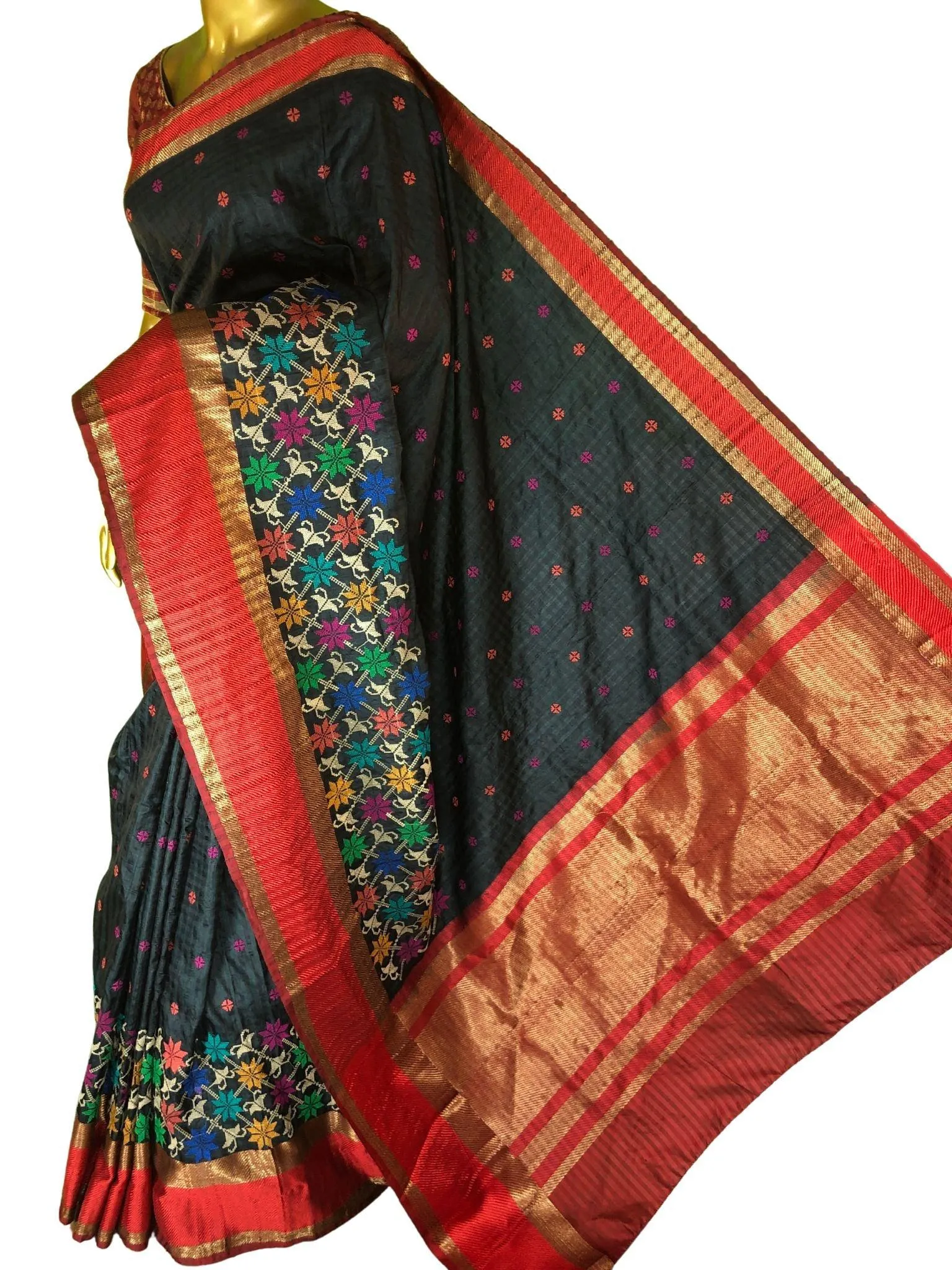 Coal Black and Red Color Tussar Banarasi Saree with Embroidery Work