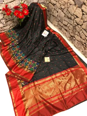 Coal Black and Red Color Tussar Banarasi Saree with Embroidery Work